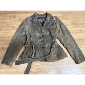 Women's Medium Wilson Leather 2 Button Belted Brown Leather Jacket